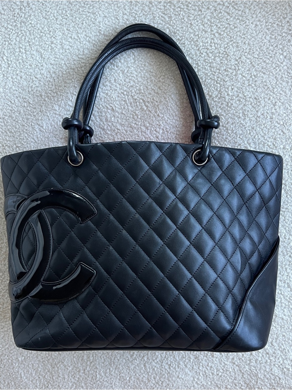 Chanel Cambon Ligne Large Tote Black Quilted Leather Patent CC Shoulder Bag Y2K